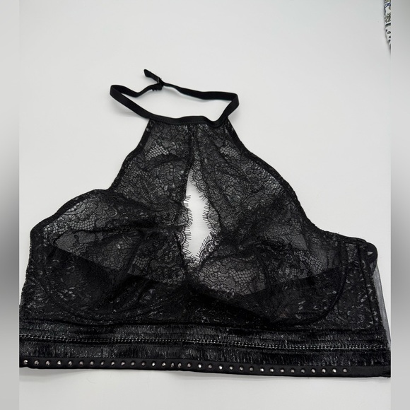 Victoria's Secret Other - Victoria's Secret Sexy Black Floral Silver Lace Halter Bralette NWT Sz XL